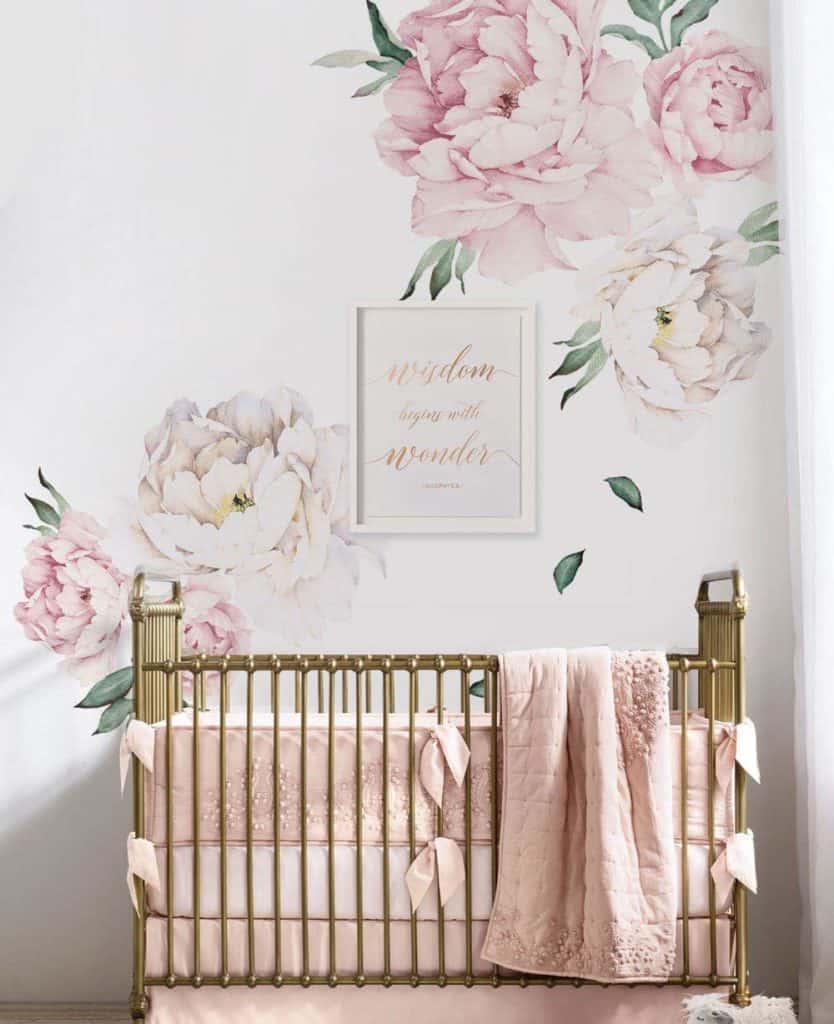 Peony Floral Wallpaper For Baby Girl Nursery - Peony Wall Decal Nursery - HD Wallpaper 