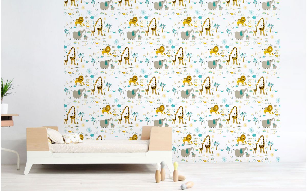 Cute Jungle Animals Wallpaper For Children S Room Or - Animal Wallpaper Baby Room - HD Wallpaper 