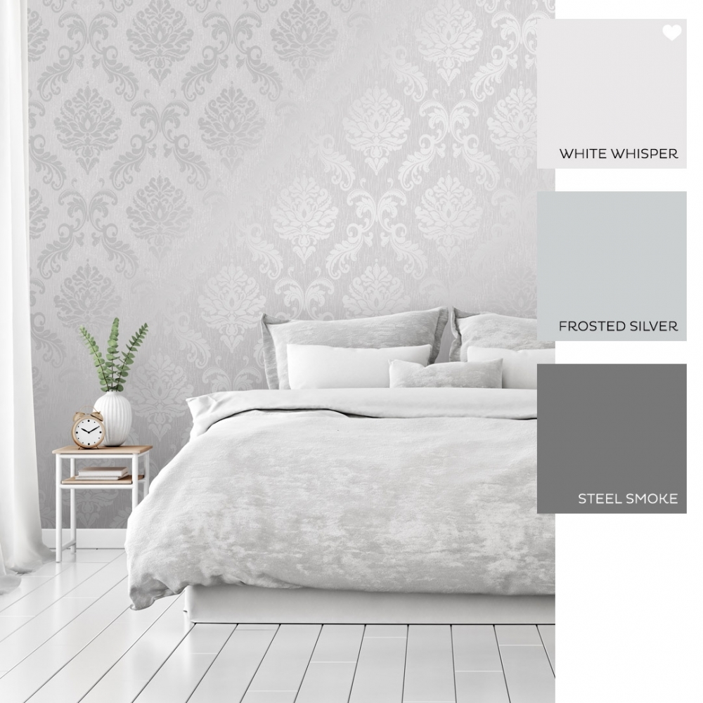 Chelsea Glitter Damask Wallpaper Soft Grey Silver P2635 Bedroom White