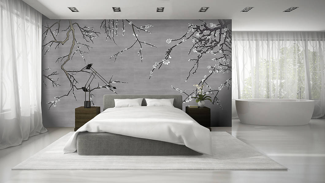 Interior Of Modern Bedroom With Asia Blossom Charcoal - Grey Removable Wallpaper Bedroom - HD Wallpaper 
