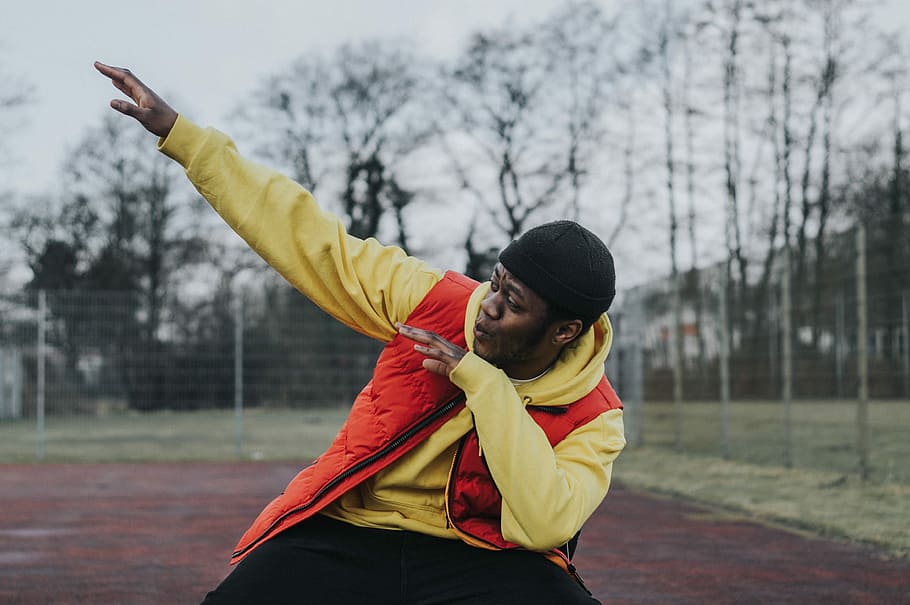 Man Doing Dab Pose, Man In Orange Vest And Yellow Jacket, - Fun - HD Wallpaper 
