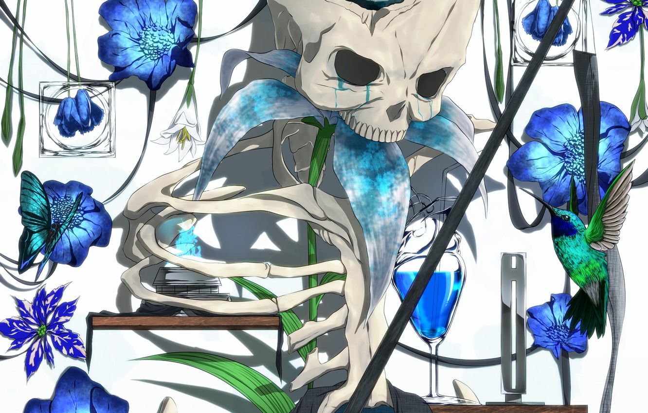 Photo Wallpaper Flowers, Skull, Skeleton - Flowers Skeleton - HD Wallpaper 