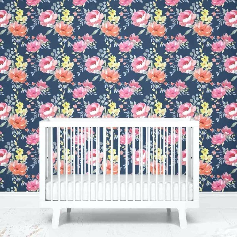 Navy Midnight Floral Removable Wallpaper Nursery - Wallpaper - HD Wallpaper 