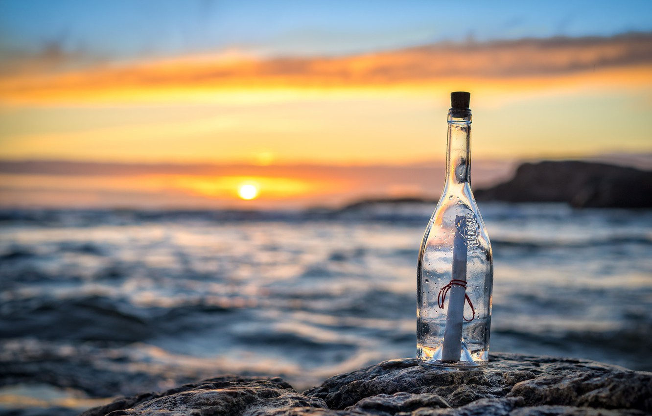 Photo Wallpaper Sea, Letter, Sunset, Bottle, Message - Message In A Bottle In Ocean - HD Wallpaper 
