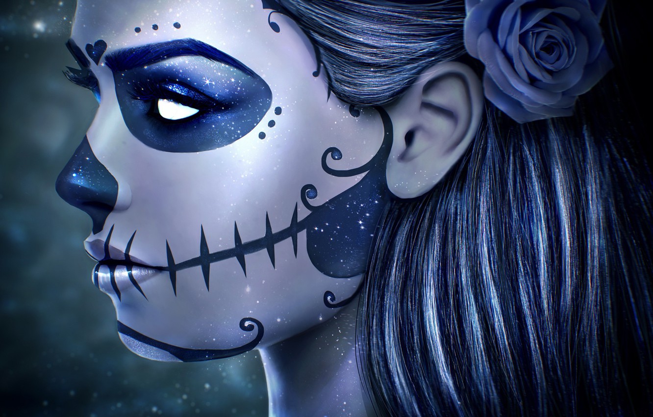 Photo Wallpaper Girl, Face, Rose, Skull, Makeup, Art, - Sugar Skull Girl Art - HD Wallpaper 