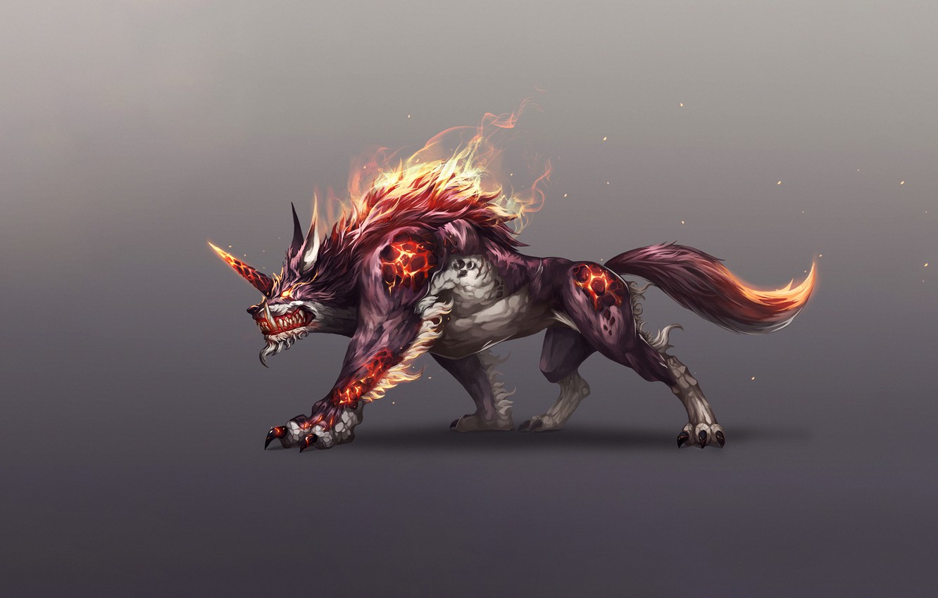 Photo Wallpaper Fantasy, Fire, Monster, Art, Flame, - Fantasy Anime Wolf Monster - HD Wallpaper 