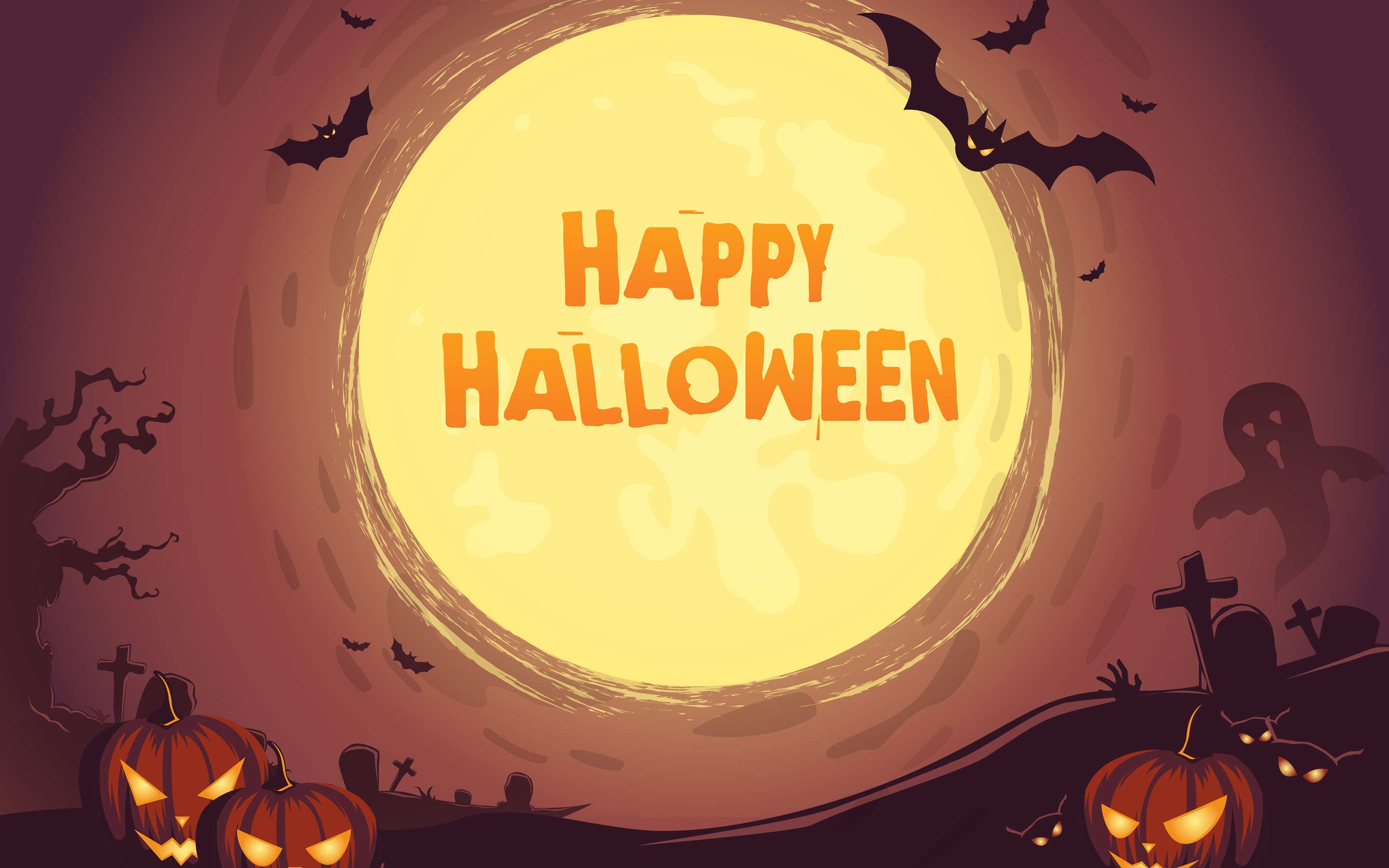 Happy Halloween Pumpkin Graveyard Bat Moon Retina Wallpaper - Happy Halloween - HD Wallpaper 