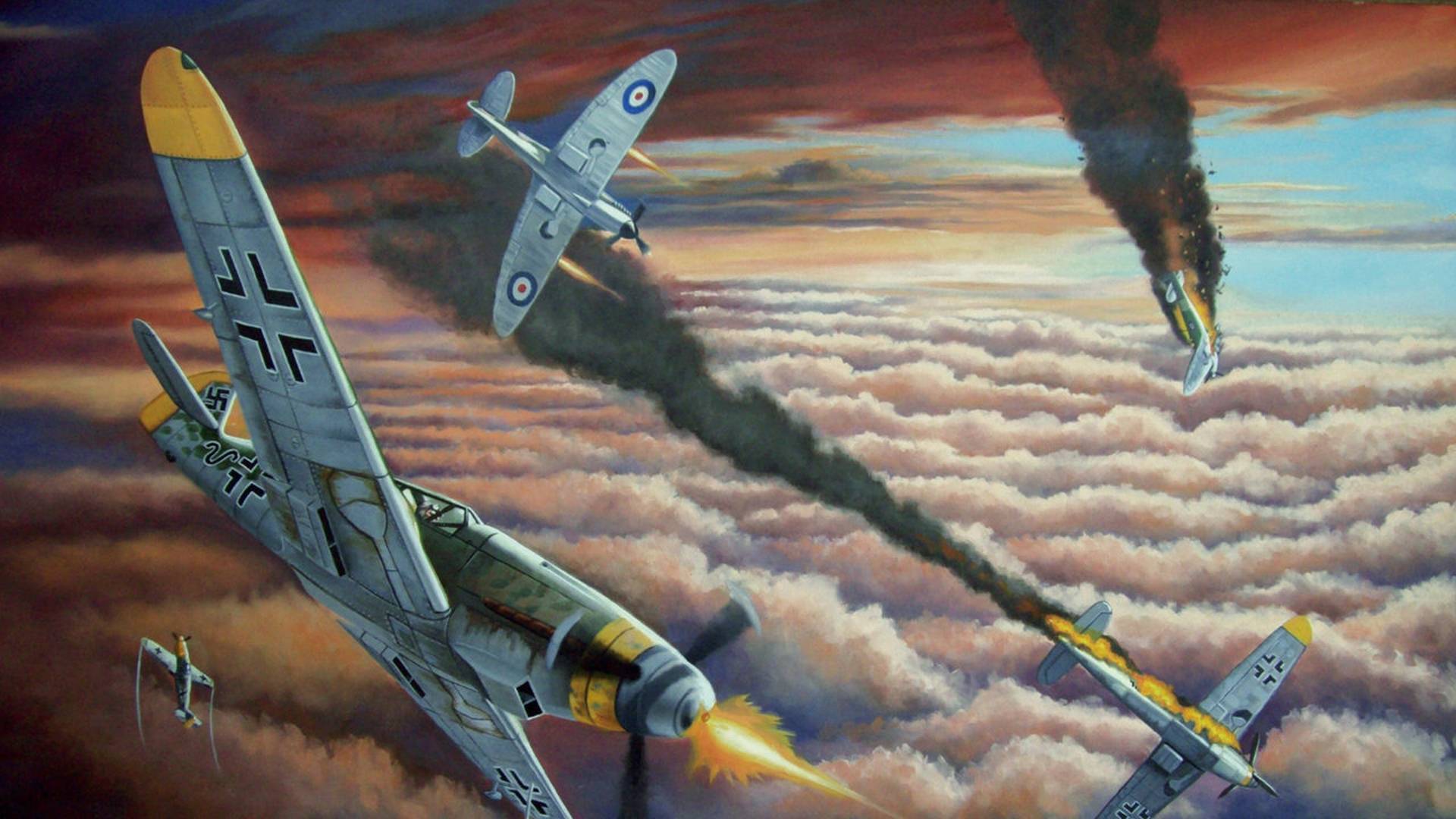 Bf 109 Vs Spitfire Art - HD Wallpaper 