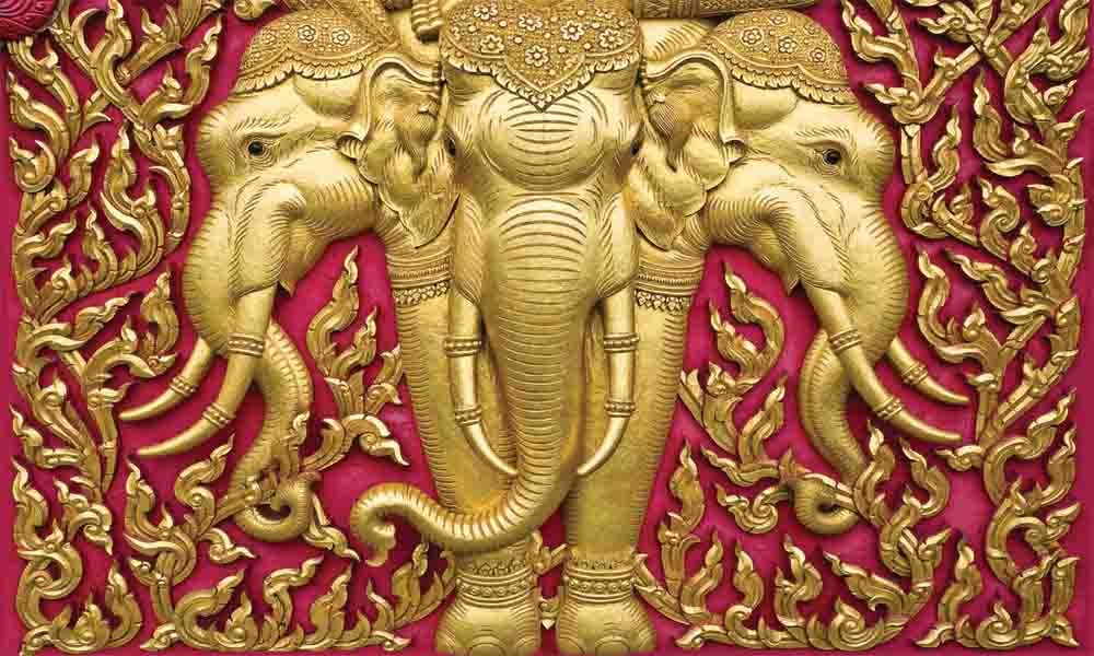 3d Wall Mural - Elephant Wood Carving Gold Paint - HD Wallpaper 