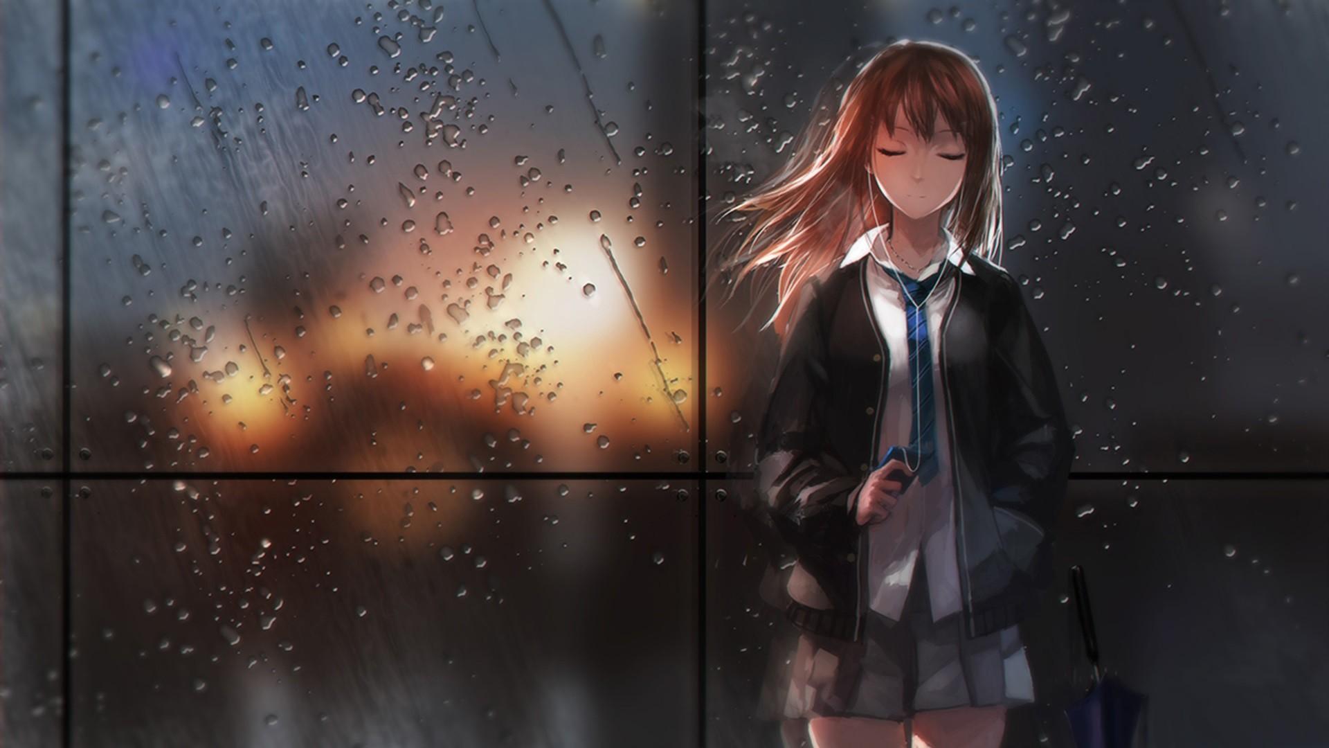 Hd Girl, Anime, Rain, Glass, Light, Schoolgirl Wallpaper - 1080p Anime Wallpaper Hd - HD Wallpaper 