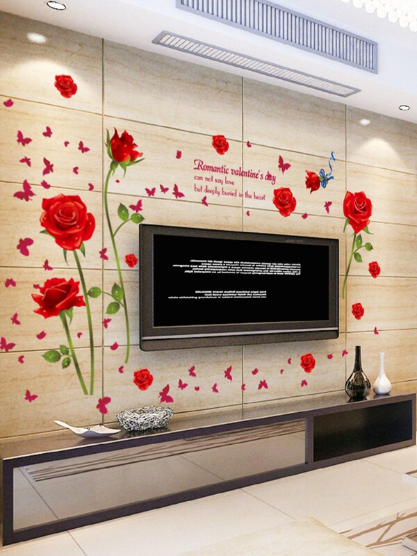 Merah Mawar Diy Dinding Stiker Romantis Kamar Tidur - Adesivo De Rosa Vermelha - HD Wallpaper 