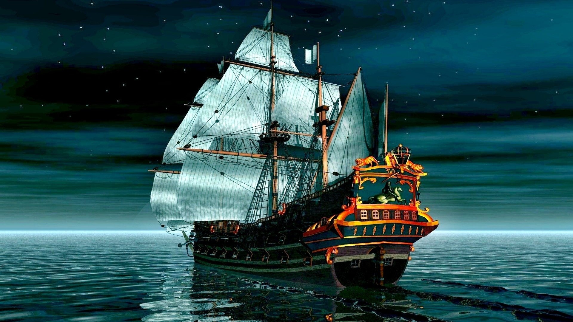 Sailing Ship At Night - HD Wallpaper 
