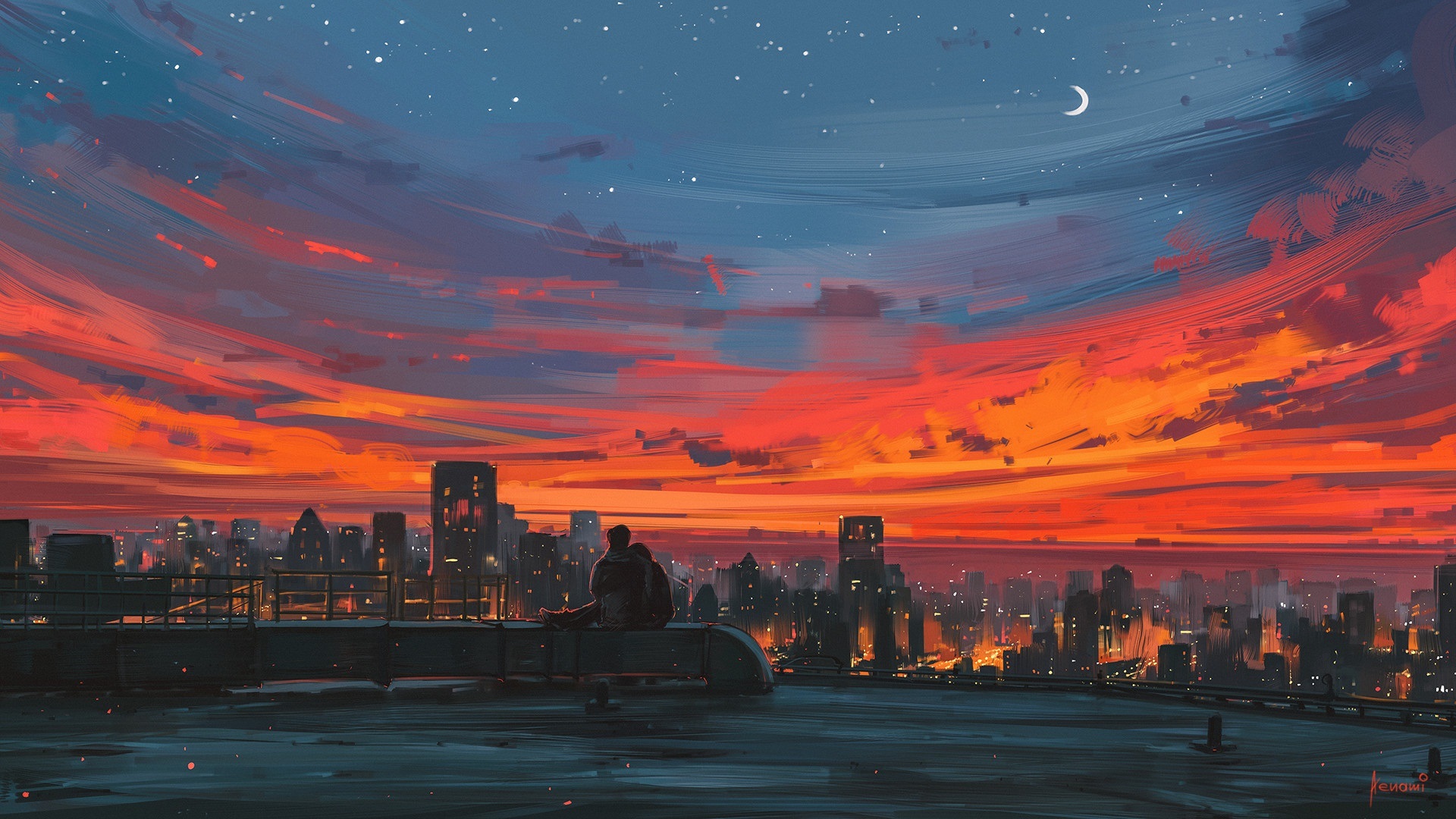 Wallpaper City Night, Roof, Lovers, Art Drawing - Elephante Otherside Feat Nevve - HD Wallpaper 