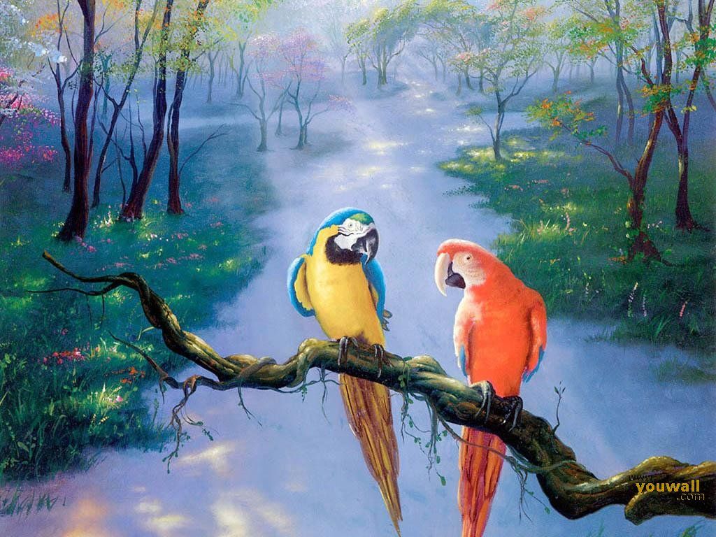Parrots - Hd Painting Art - HD Wallpaper 