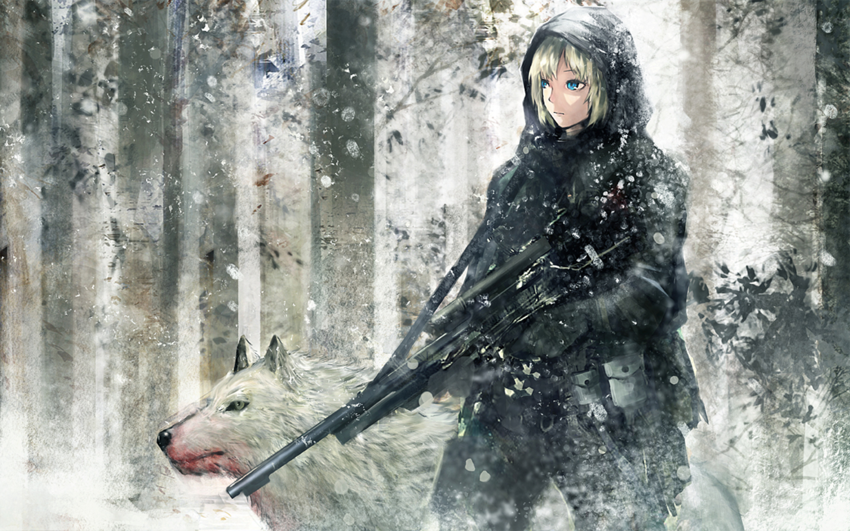 Anime Wallpapers » Anime, Anime Girls, Wolf, Snow, - Anime Snowy Forest  Background - 1680x1050 Wallpaper 
