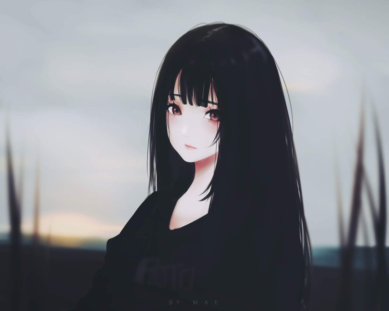 Anime Girl, Black Hair, Sad Expression, Semi Realistic - Long Hair Anime Girl - HD Wallpaper 