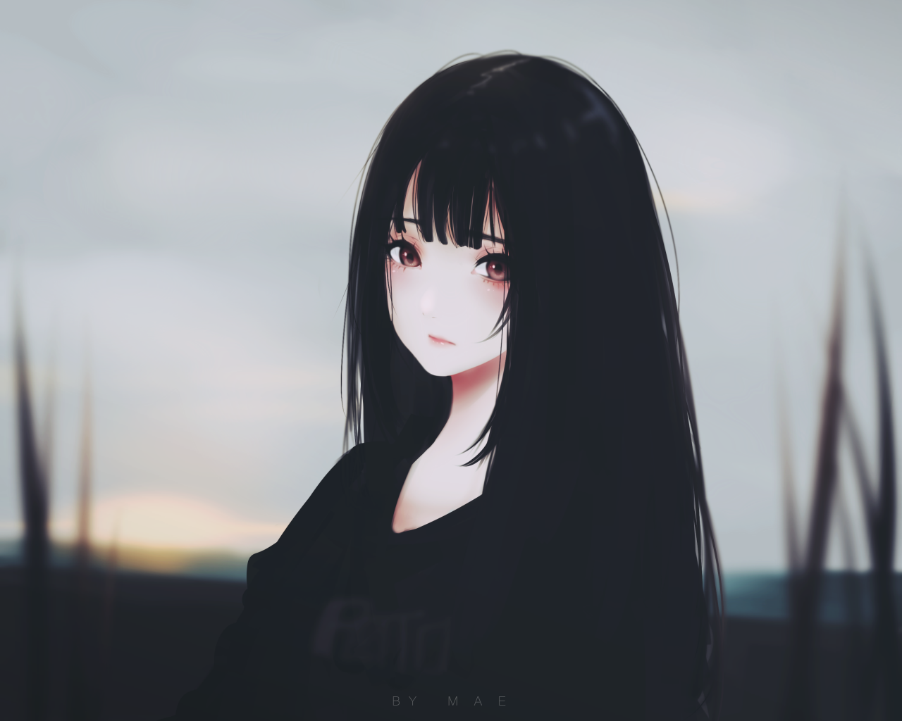 Anime Girl, Black Hair, Sad Expression, Semi Realistic - Long Hair Anime Girl - 1280x1024 Wallpaper Anime Girl, Black Hair, Sad Expression, Semi Realistic - Long Hair Anime Girl - 1280x1024 Wallpaper