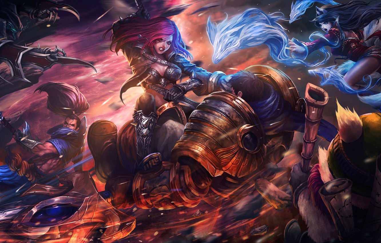 Photo Wallpaper Art, League Of Legends, Katarina, Fan, - League Of Legends Garen Fight - HD Wallpaper 