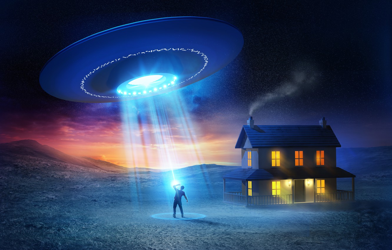 Photo Wallpaper House, People, Ufo, Ufo, Flying Saucer, - Alien Abduction - HD Wallpaper 