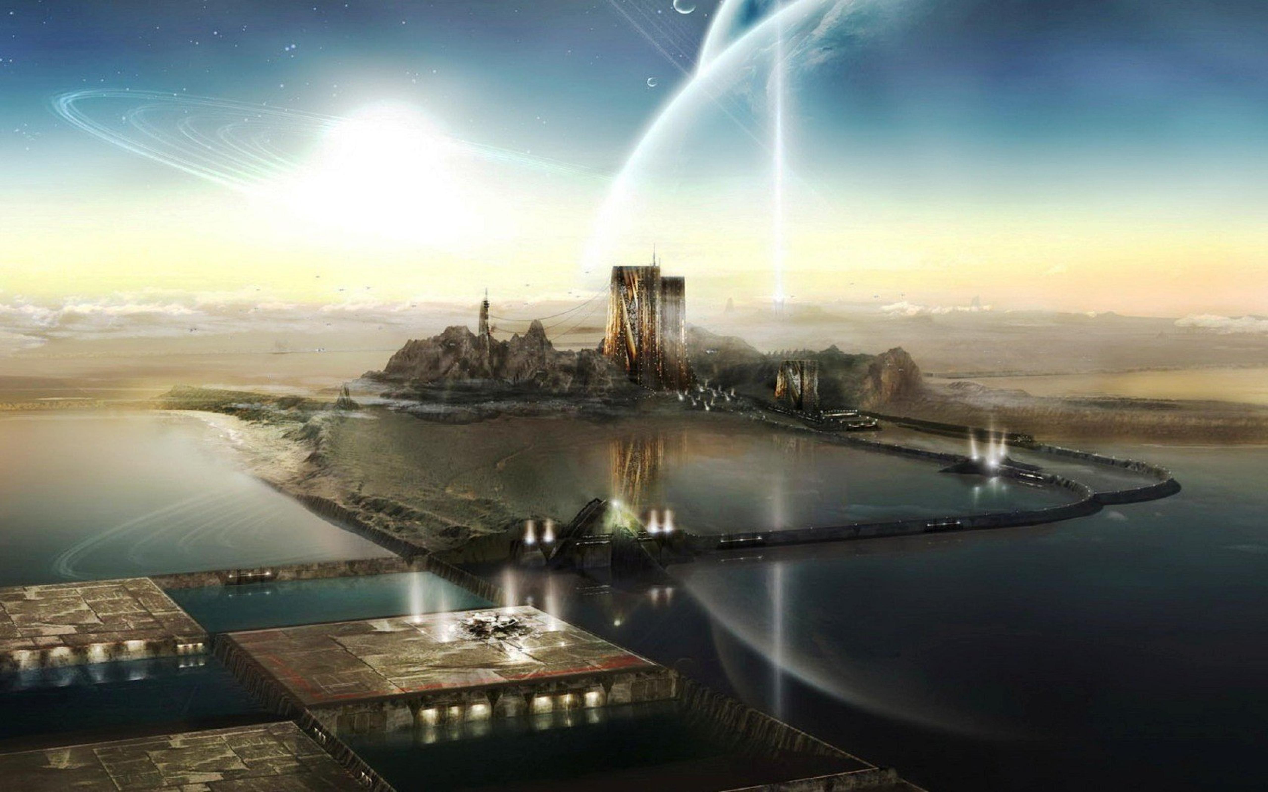 Ufo Wallpaper Image Information - City On A Lake Fantasy - HD Wallpaper 