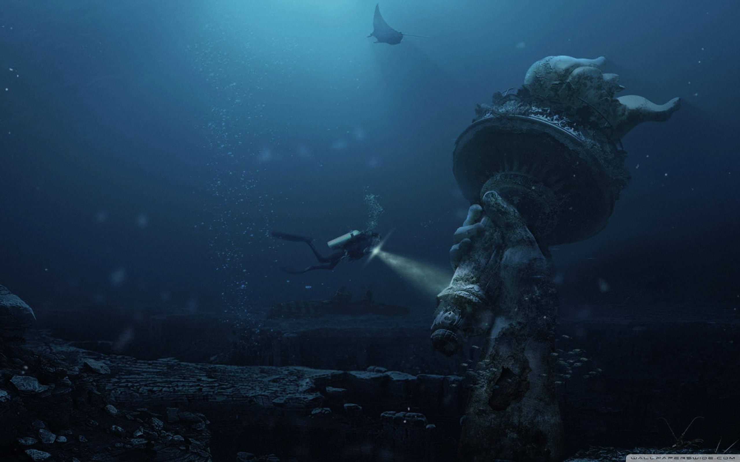 Underwater Ruins ❤ 4k Hd Desktop Wallpaper For 4k Ultra - Statue Liberty Underwater - HD Wallpaper 