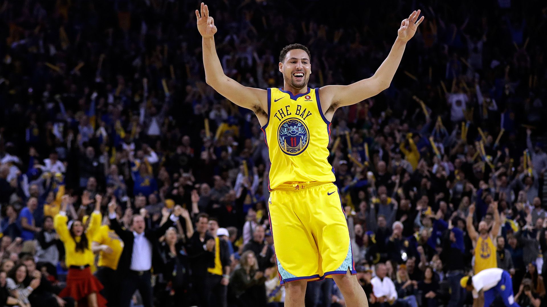 Klay Thompson Warriors Background - Klay Thompson Celebration - HD Wallpaper 