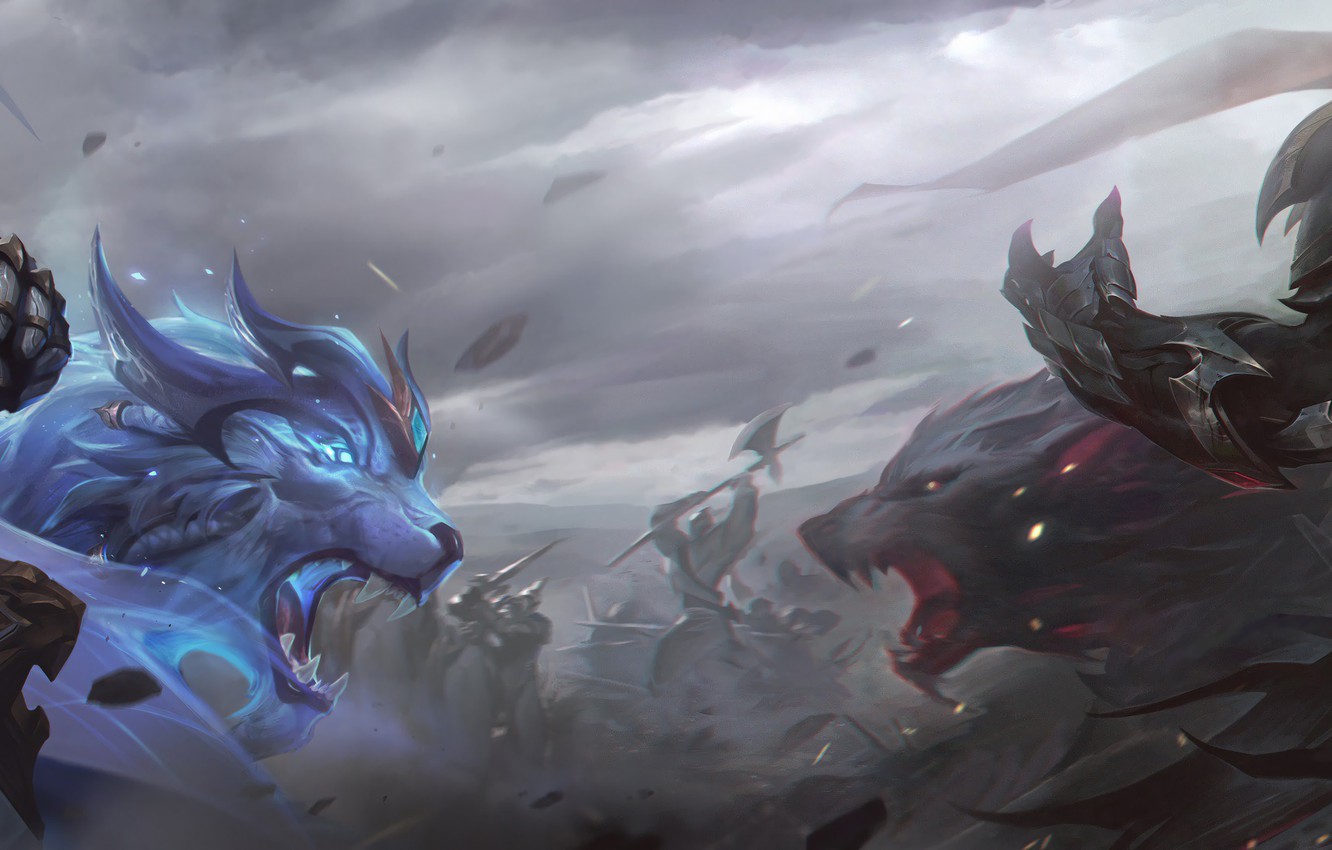 Wallpaper Flag Sword Axe Leo Wolf Battle Armor Art - God King Darius And Garen - HD Wallpaper 