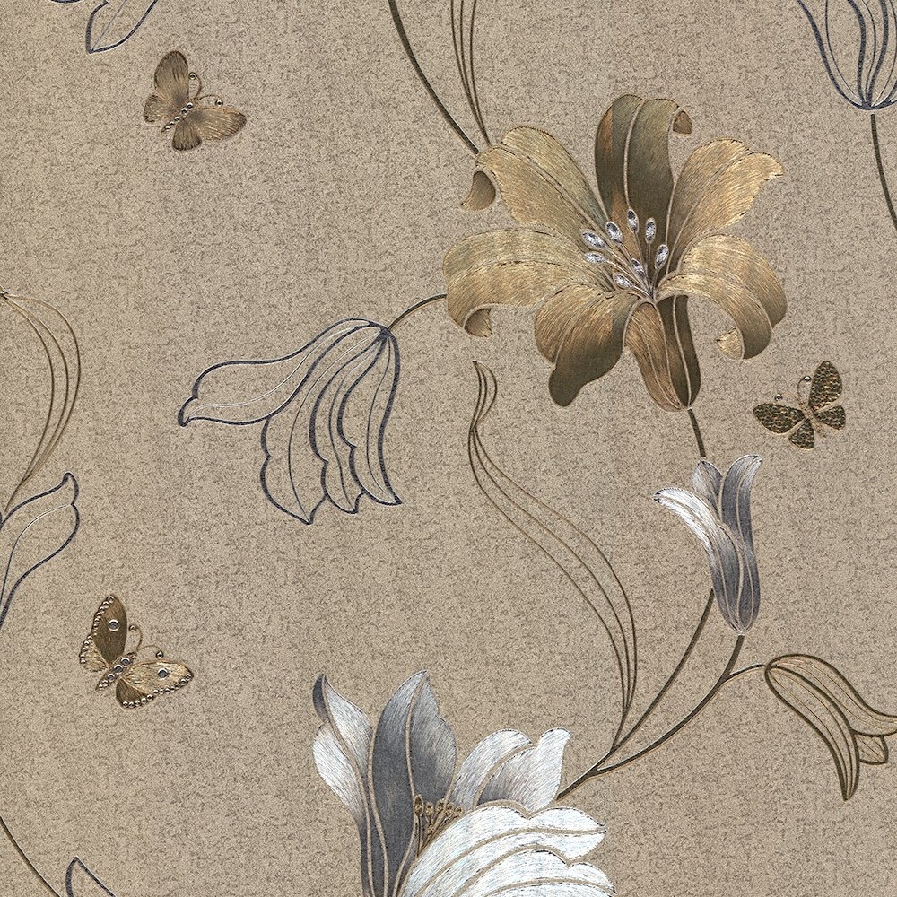 Amelia Floral Gold Silver Wallpaper - Rose Gold Floral - HD Wallpaper 