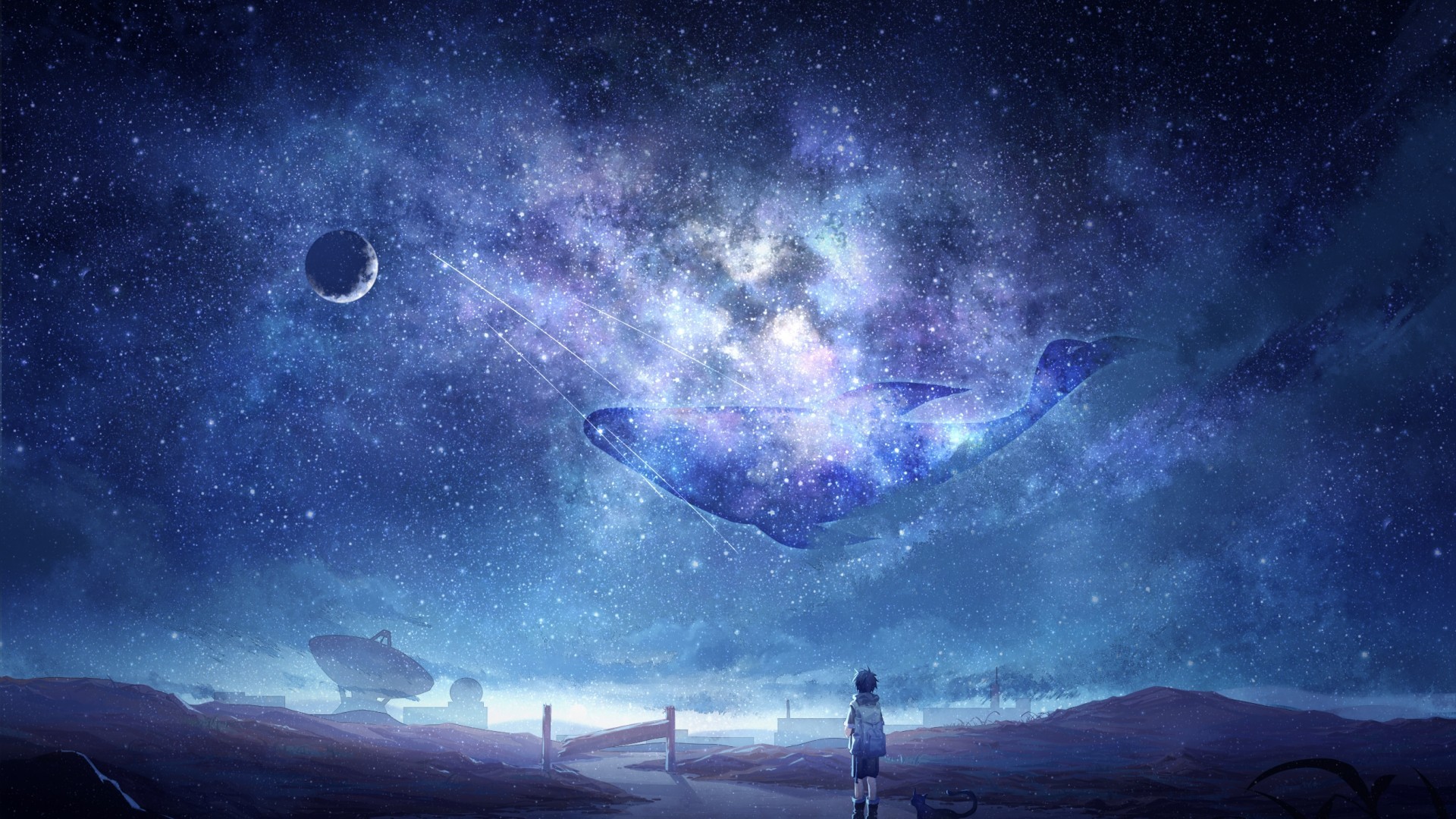 Anime Sky, Milky Way, Stars, Anime Boy, Dog, Moon, - Galaxy Wallpaper For Laptop Anime - HD Wallpaper 