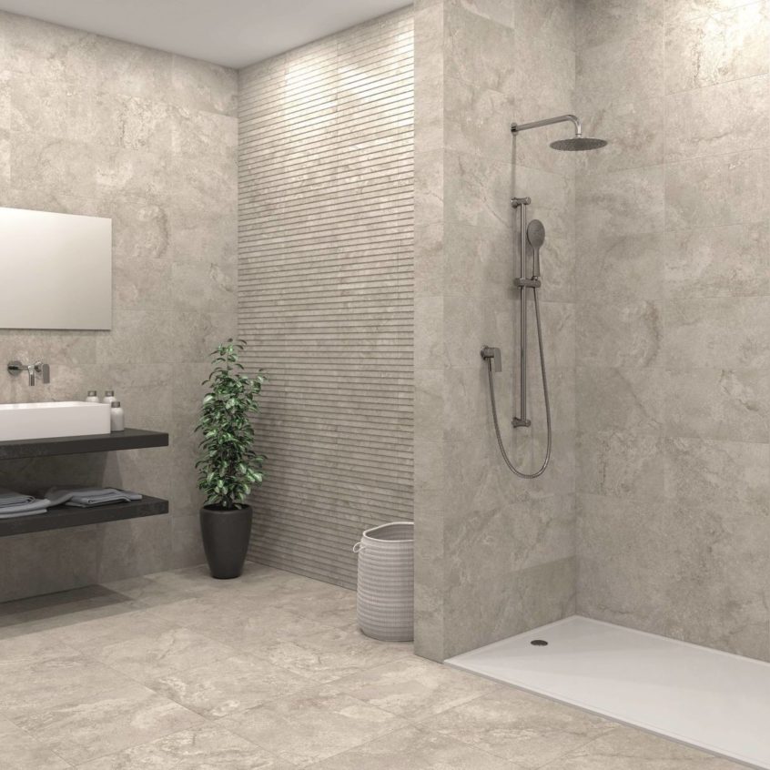 Essential Grey Wall Tile Bathroom Design Wallpaper - Bathroom Matching Floor And Wall Tiles - HD Wallpaper 