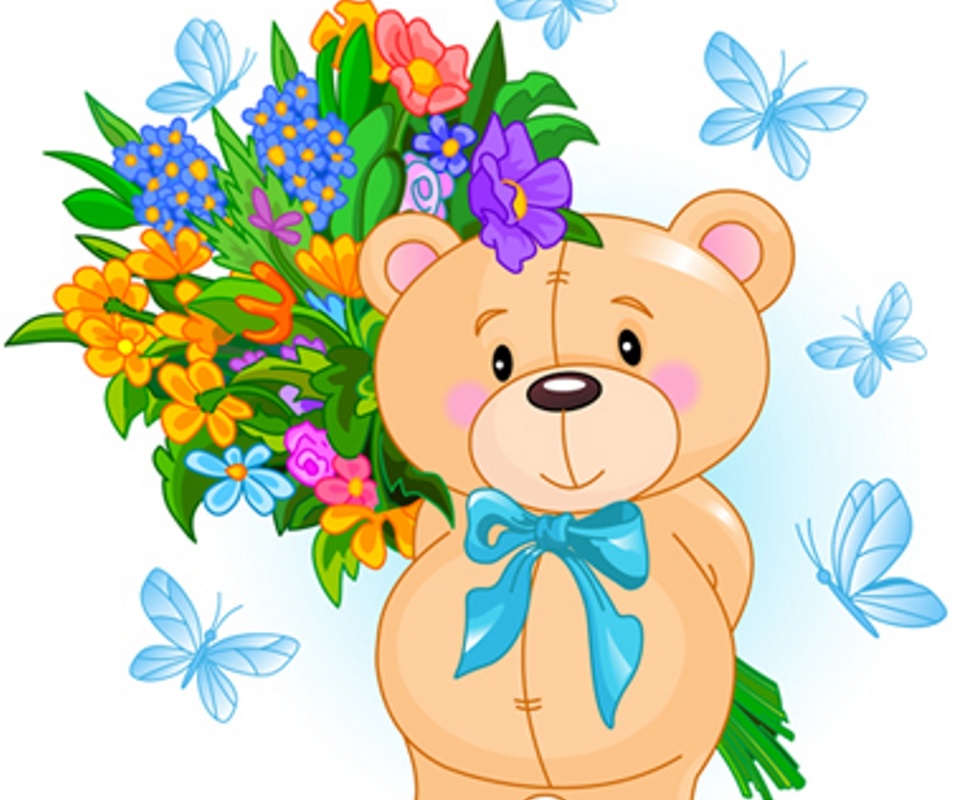 Cute Teddy Bear Cartoons Phone Wallpaper Download Free - Teddy Bear With Flower Clip Art - HD Wallpaper 
