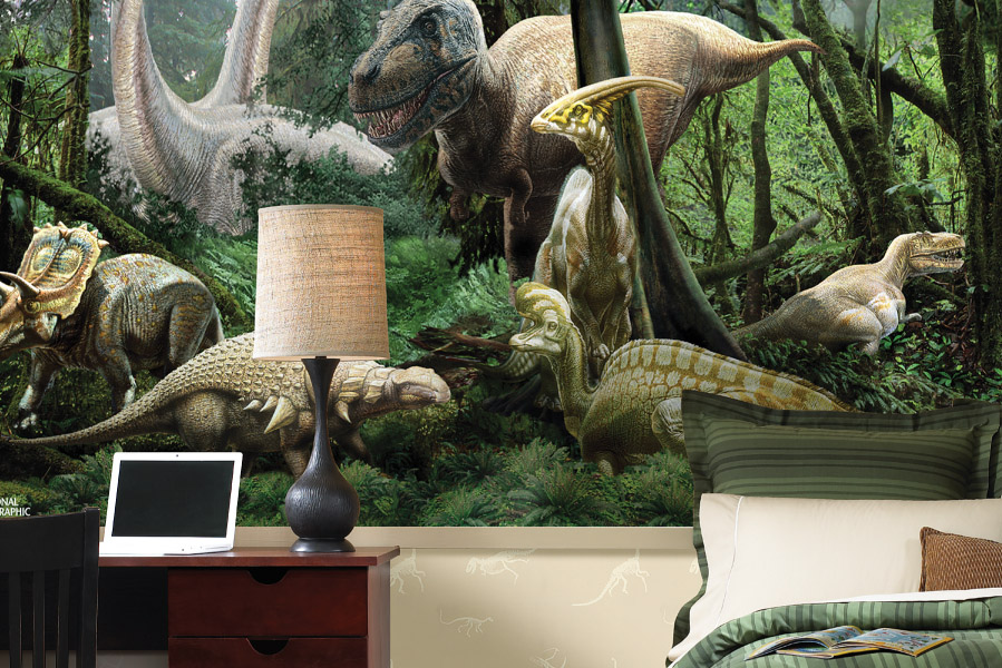 Children S Wallpaper Mural - Jurassic Jungle Kids Bed Room Wall - HD Wallpaper 