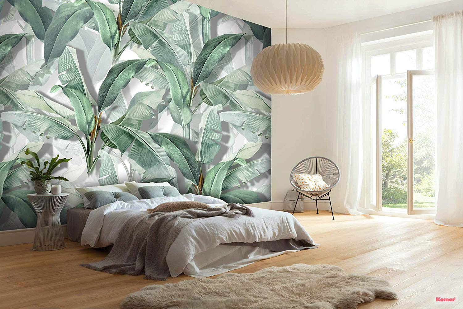 Tropical Leaves Wallpaper In Bedroom - HD Wallpaper 