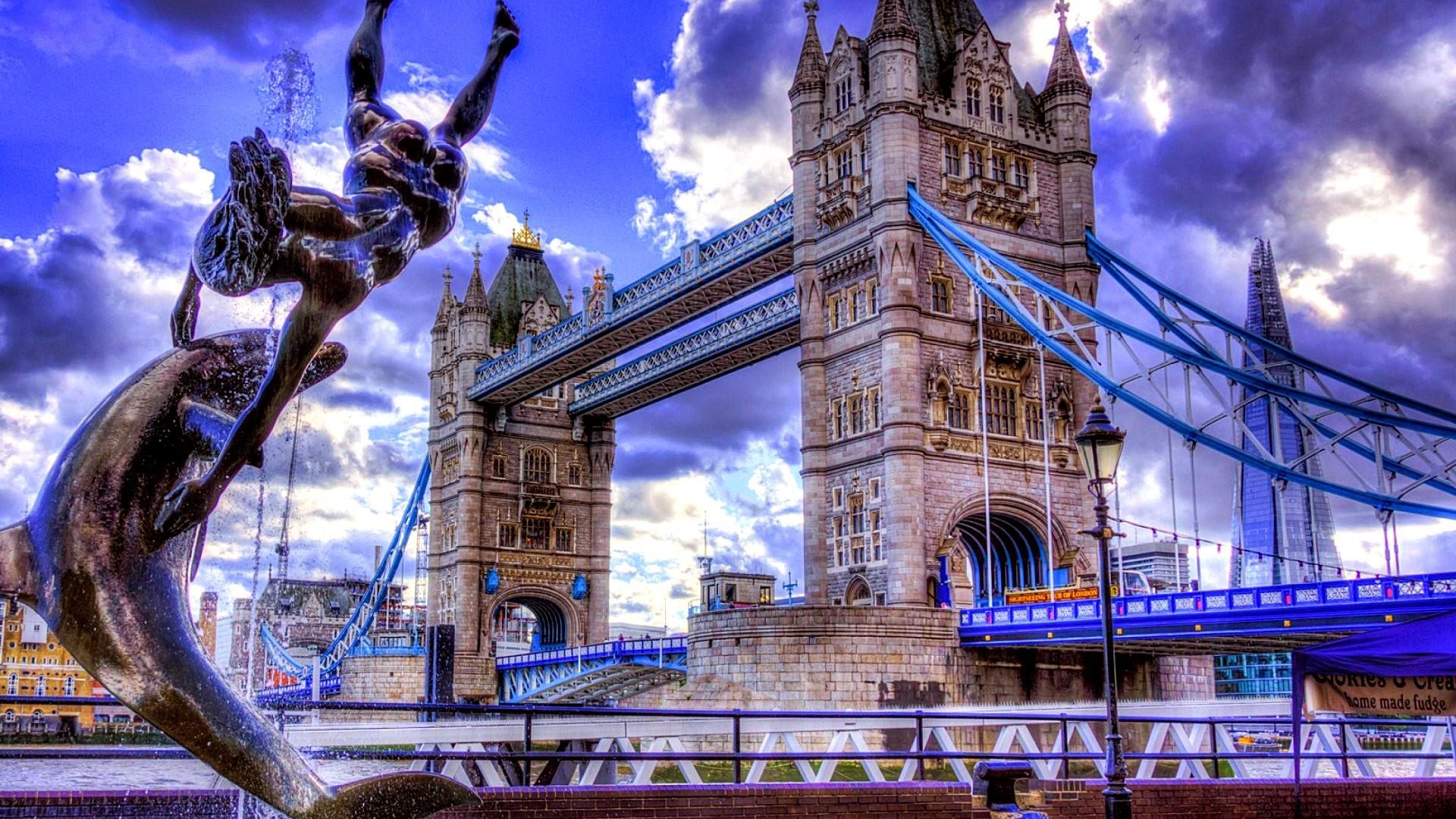 1920x1080, Girl With A Dolphin Fountain & Tower Bridge, - Tower Bridge - HD Wallpaper 