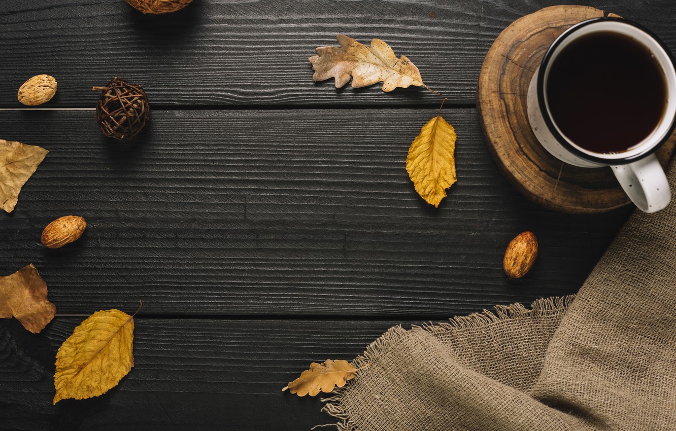 Photo Wallpaper Autumn, Leaves, Background, Tree, Coffee, - Autumn Coffee - HD Wallpaper 
