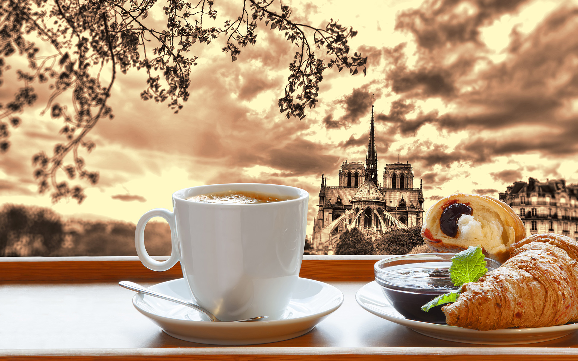 Coffee Croissant France Paris Cup Breakfast Food Cities - Good Morning From France - HD Wallpaper 