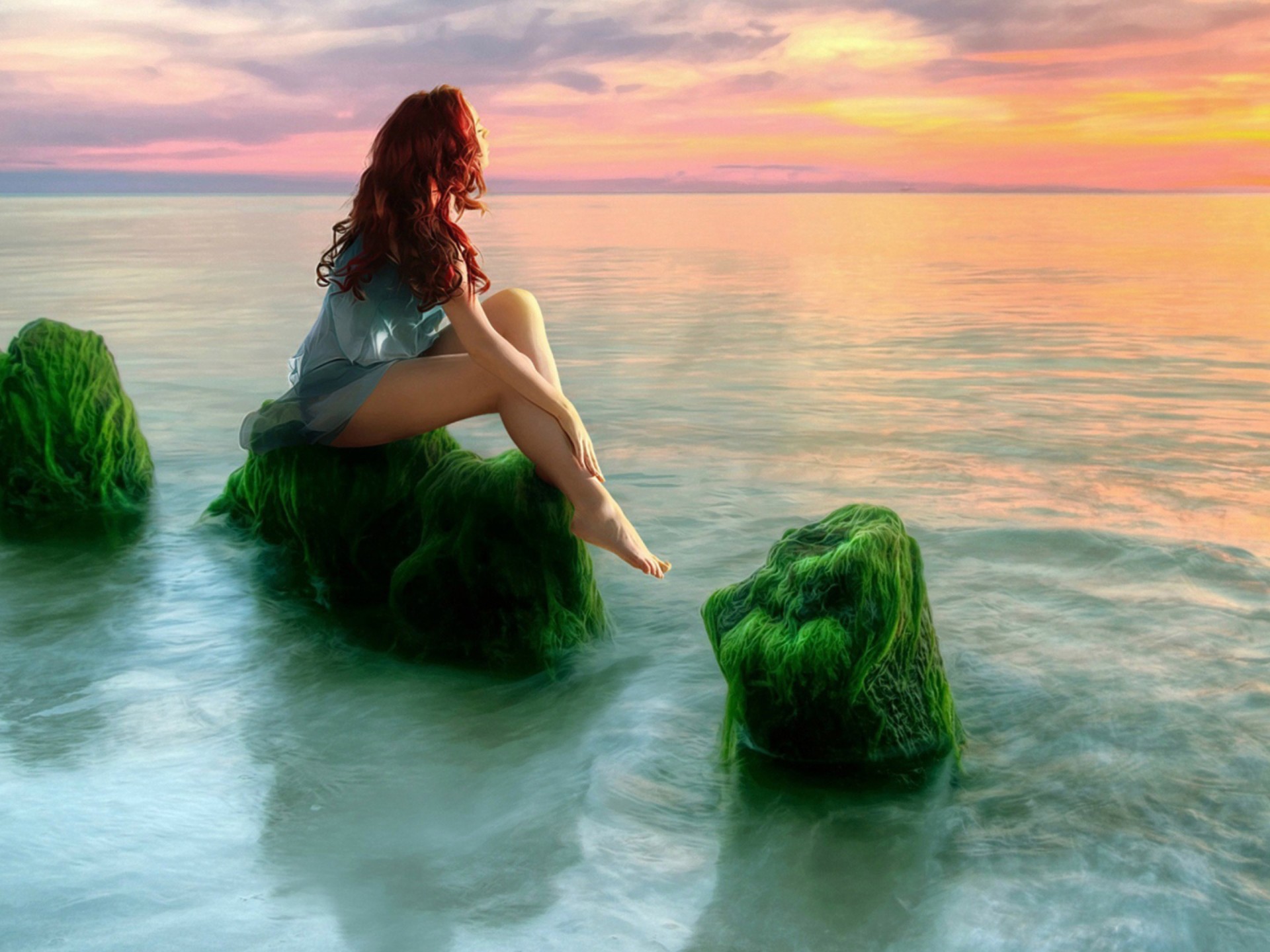 Sunset Sea Wallpaper With Girl - HD Wallpaper 