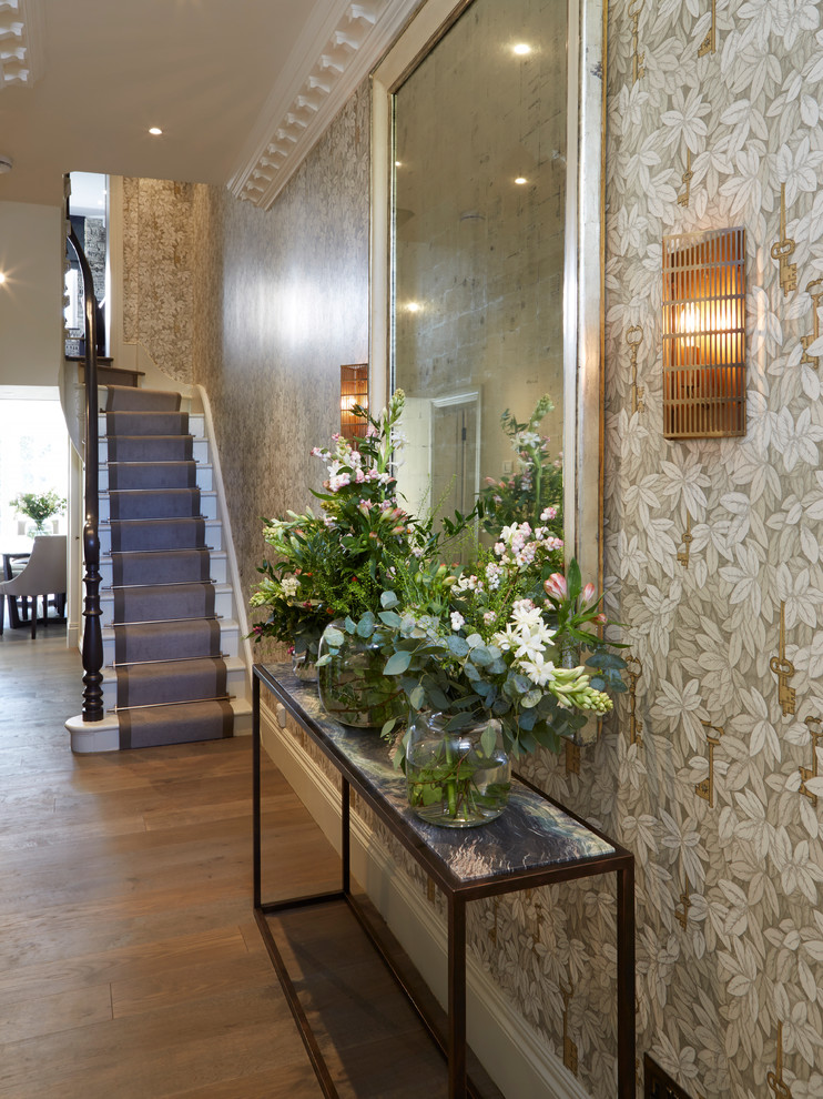 Hall Mirror Ideas Entry Traditional With Leafy Wallpaper - Hallway Mirror - HD Wallpaper 