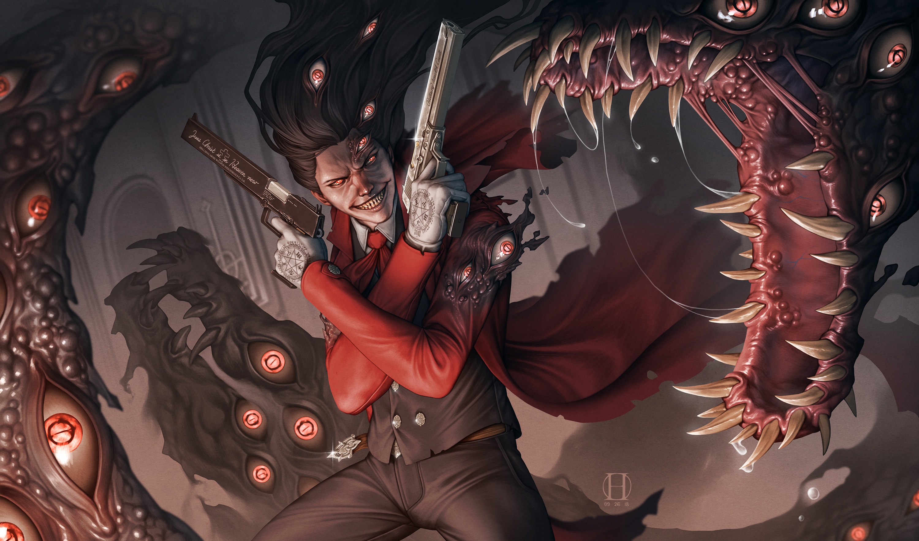 Wallpaper Of Creepy Eye Gun Hellsing Man Warrior Hellsing Alucard 3000x1765 Wallpaper Teahub Io