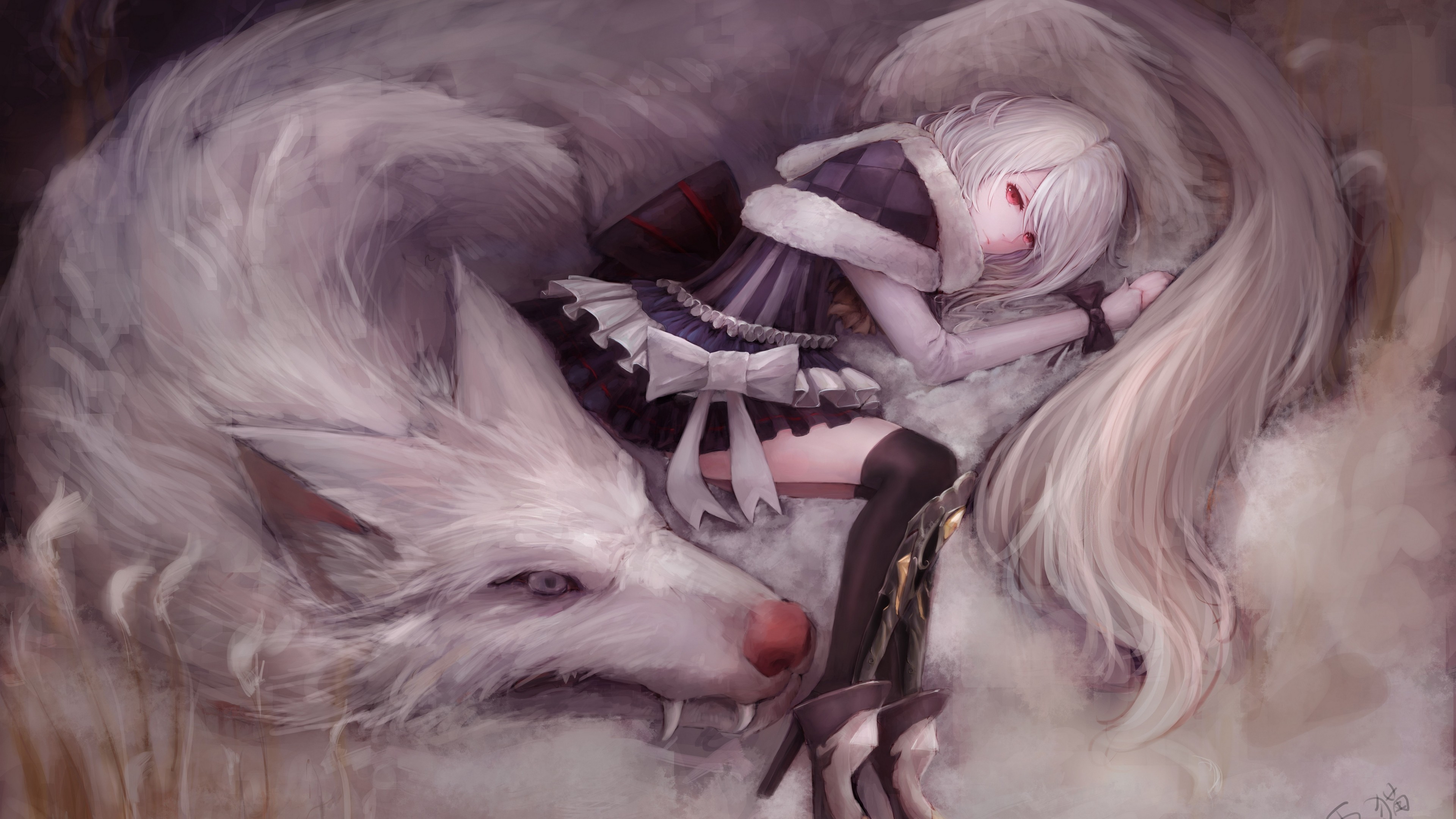 Anime Girl On White Wolf - HD Wallpaper 
