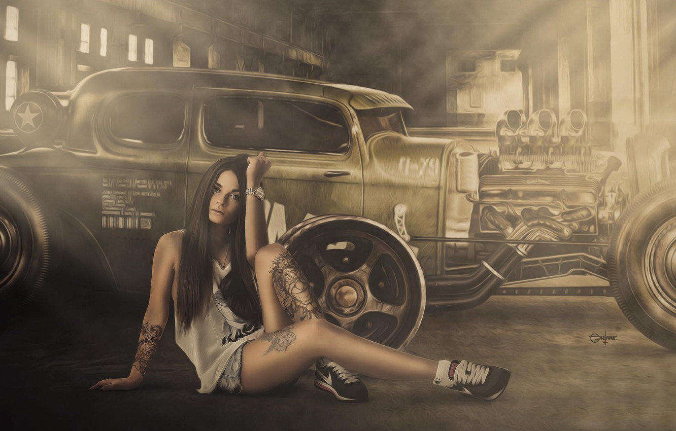 Photo Wallpaper Girl, Hot Rod, Smoke, Wheels, Engine, - Hot Rod Girl Wallpaper Hd - HD Wallpaper 