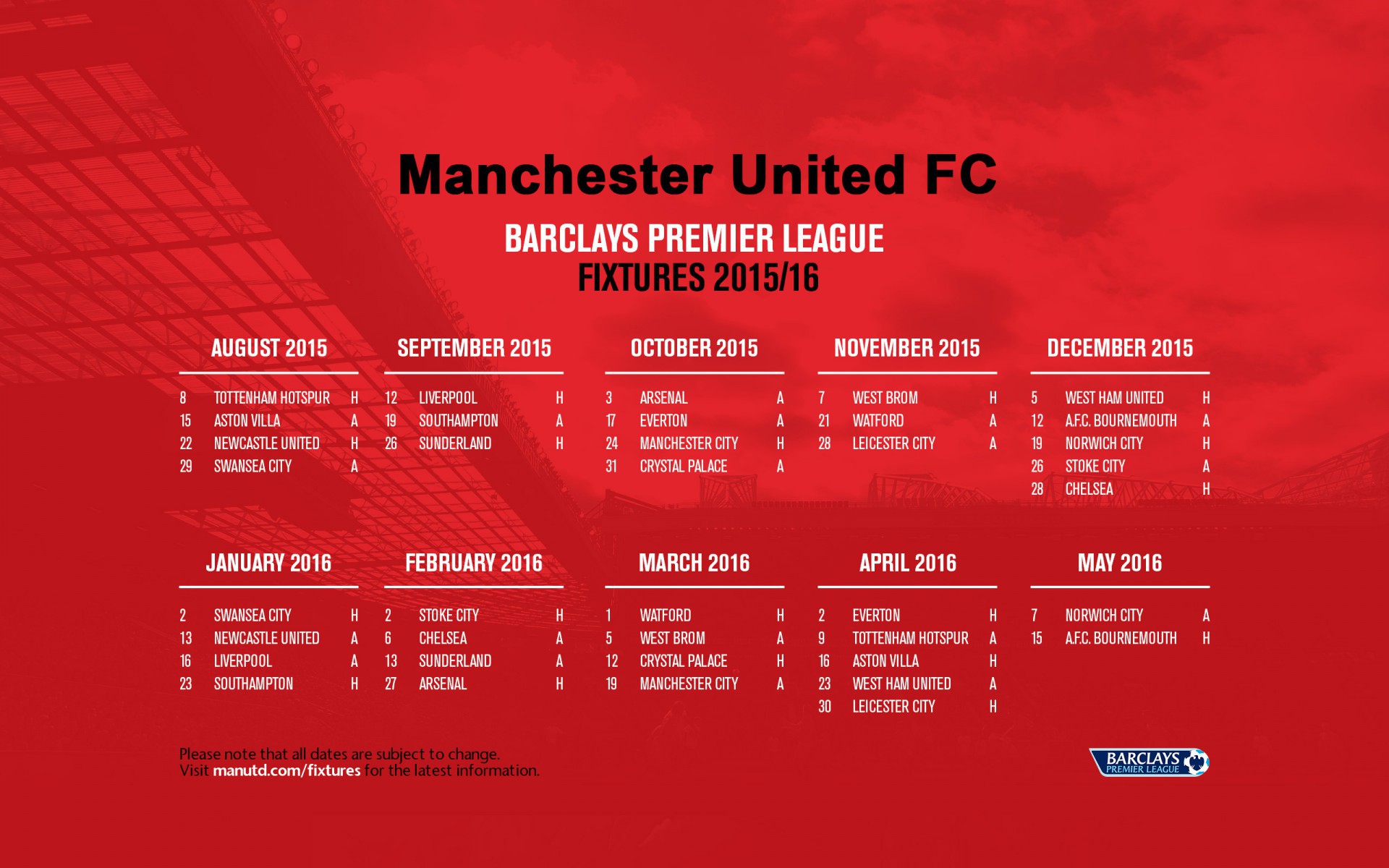 Manchester United Barclays Premier League 2015-2016 - Manchester United Fixtures List - HD Wallpaper 