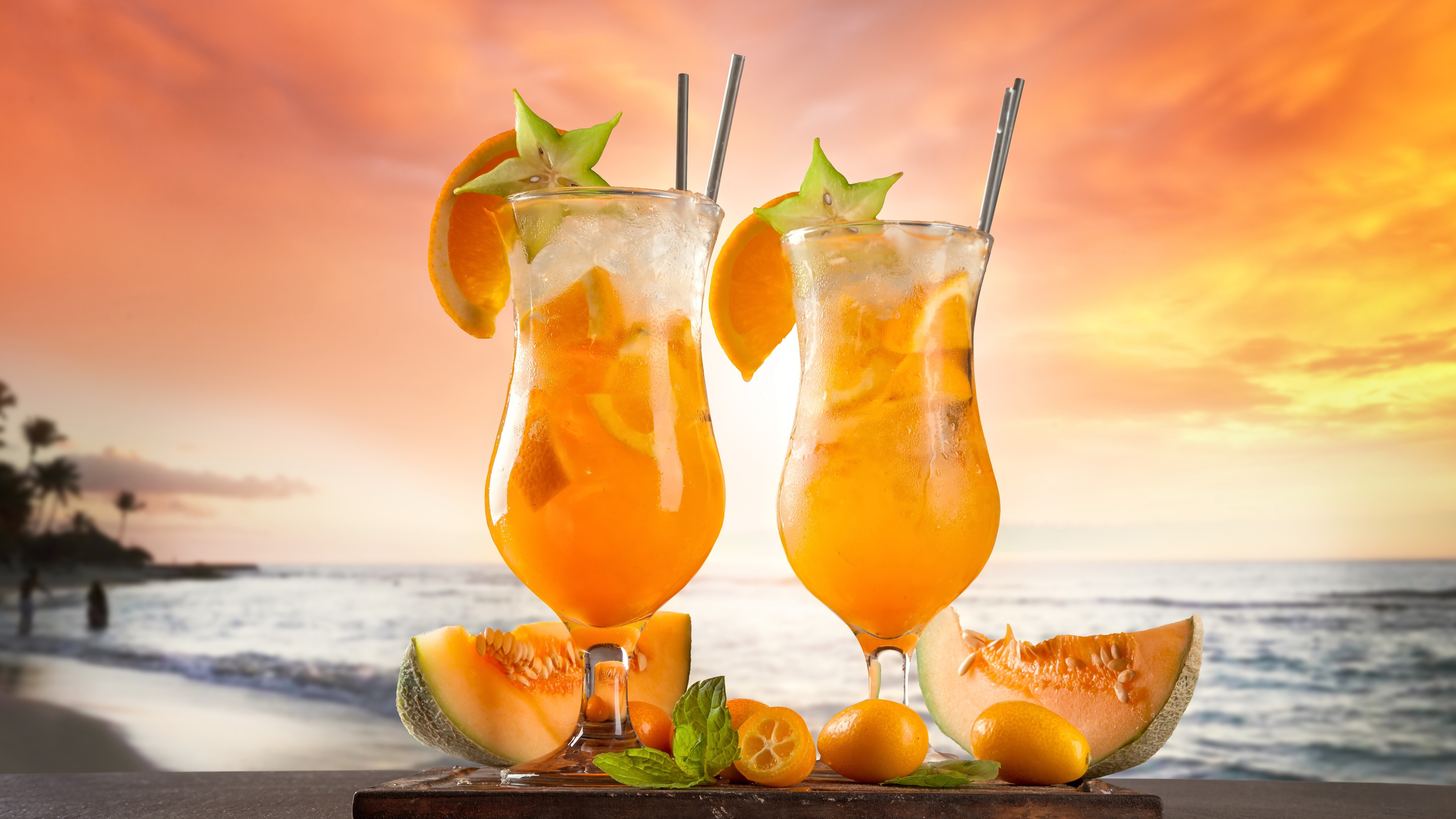 Wallpaper Summer Cocktail, Fruit, Sea, Sunset - HD Wallpaper 