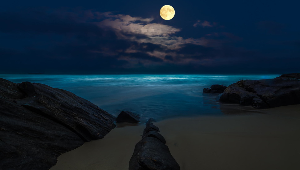 Rocks, The Full Moon, Night, Beach, Sea, The Moon Desktop - Full Moon Night Beach - HD Wallpaper 