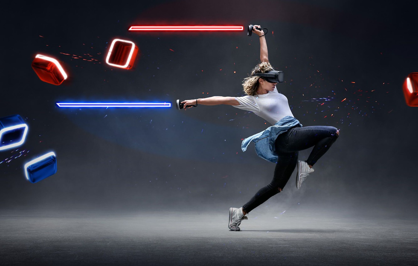 Photo Wallpaper Girl, Dance, Lightsaber, Virtual Reality, - Oculus Quest Beat Saber - HD Wallpaper 