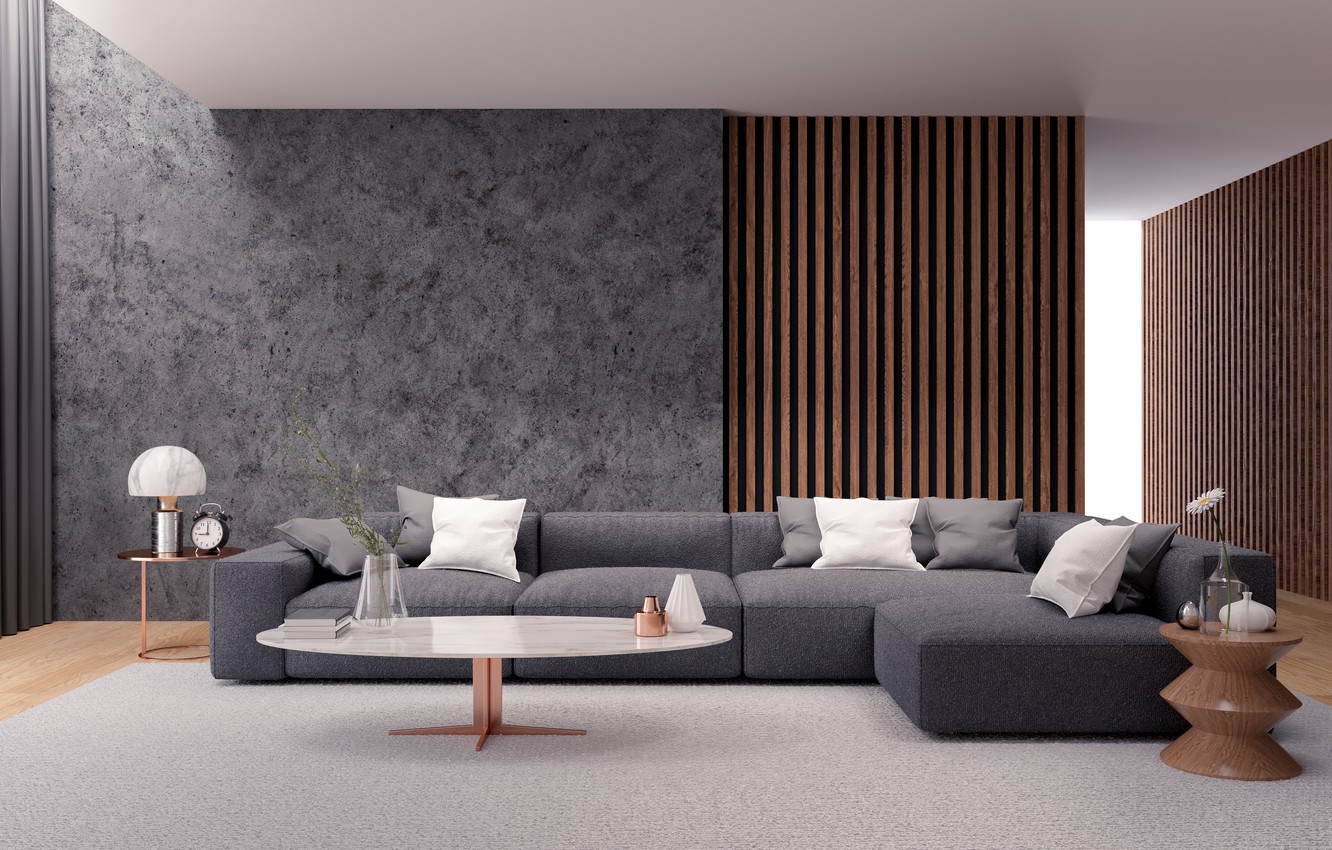 Photo Wallpaper Room, Sofa, Furniture, Modern, Living - Concrete Living Room Interior - HD Wallpaper 