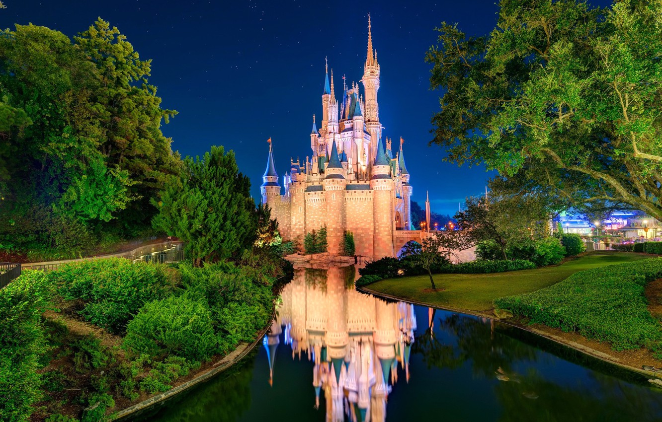 Photo Wallpaper The Sky, Stars, Trees, Park, River, - Disney Castle With River - HD Wallpaper 