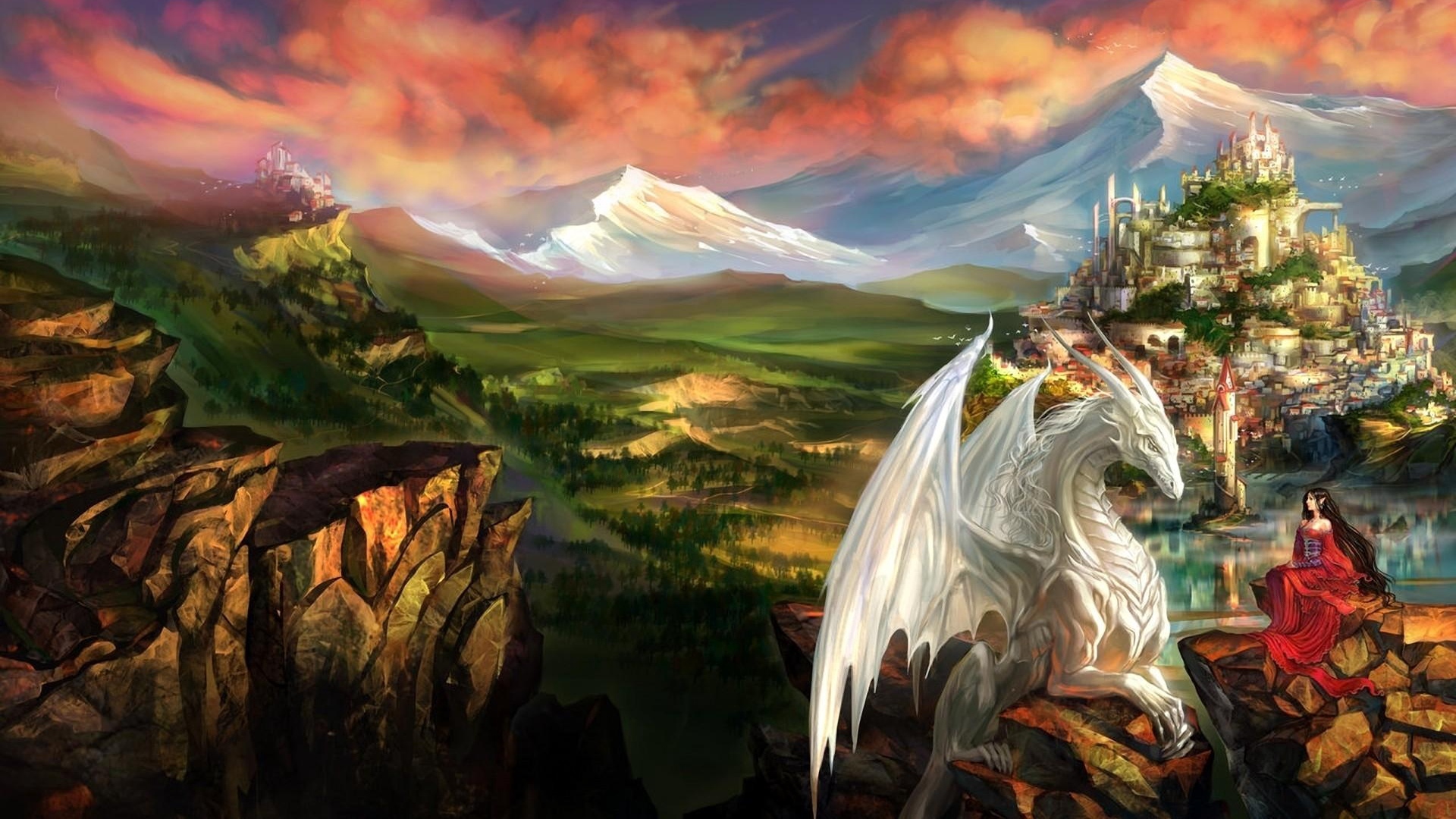 Wallpaper Dragon, Girl, Elf, Friendship, Mountains, - Fantasy Landscape With Dragon - HD Wallpaper 
