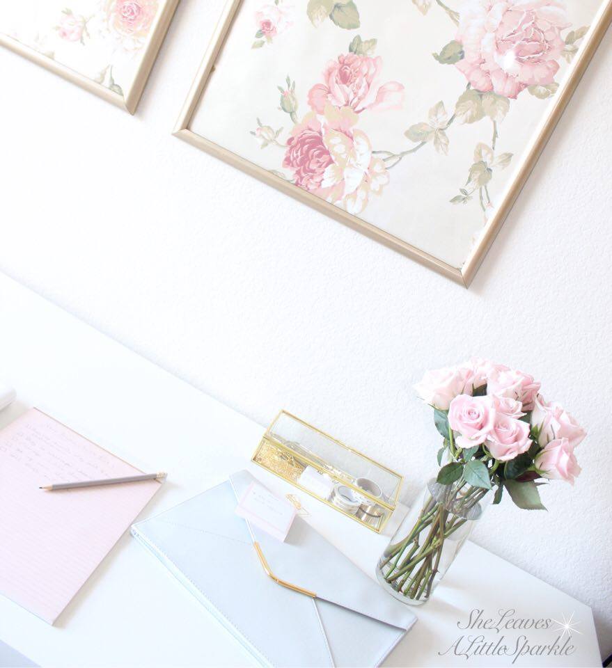 Framed Wallpaper Panels Blush Gold Office Makeover - Garden Roses - HD Wallpaper 