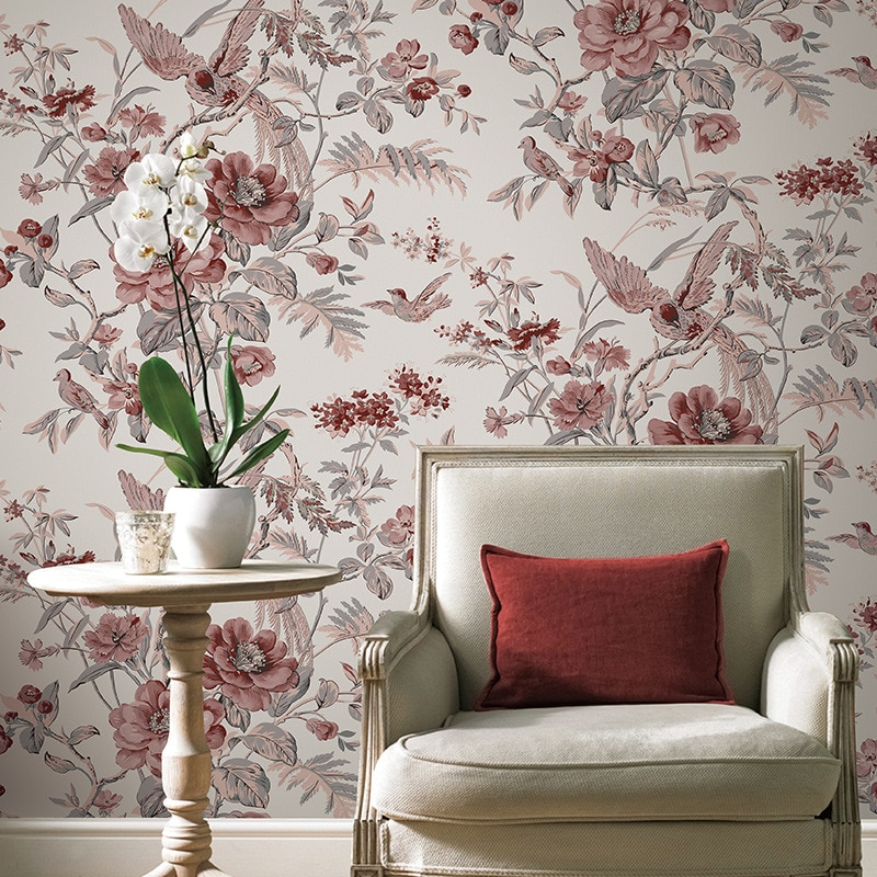 Red Vintage Birds And Flowers Wallpaper Chinese Floral - Vintage Bird Floral - HD Wallpaper 